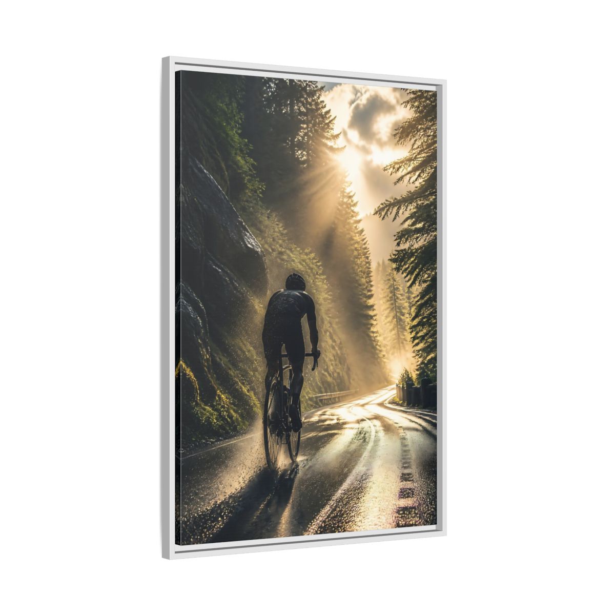 Side Mockup 9. Sports Cyclist Cycling Sunlight shown as framed canvas print