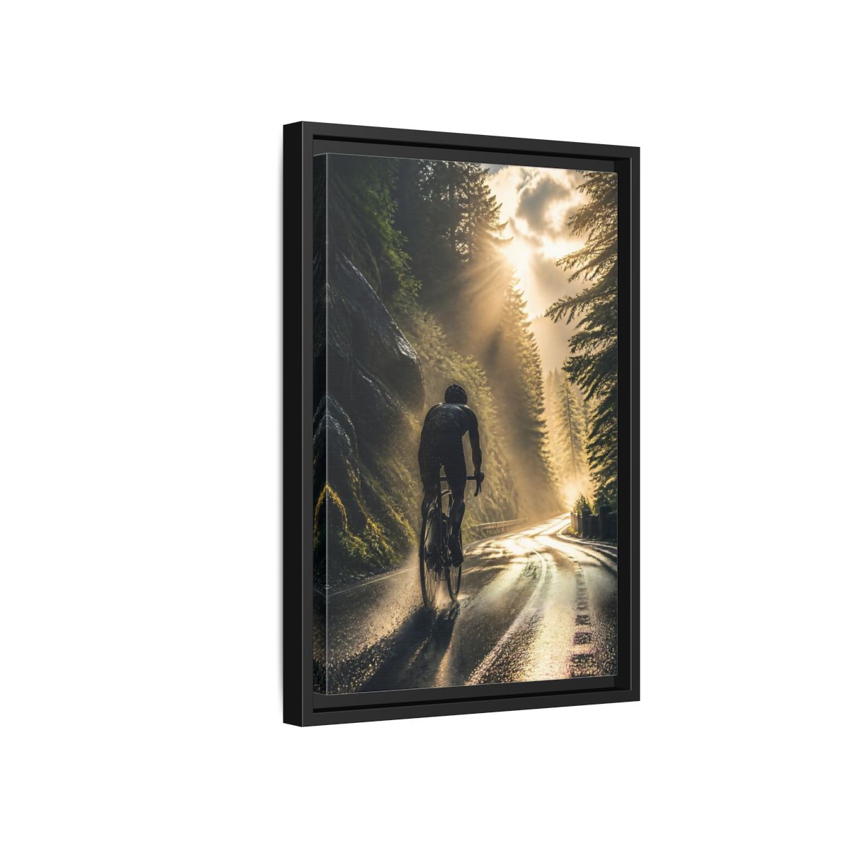 Side Mockup 6. Sports Cyclist Cycling Sunlight shown as framed canvas print