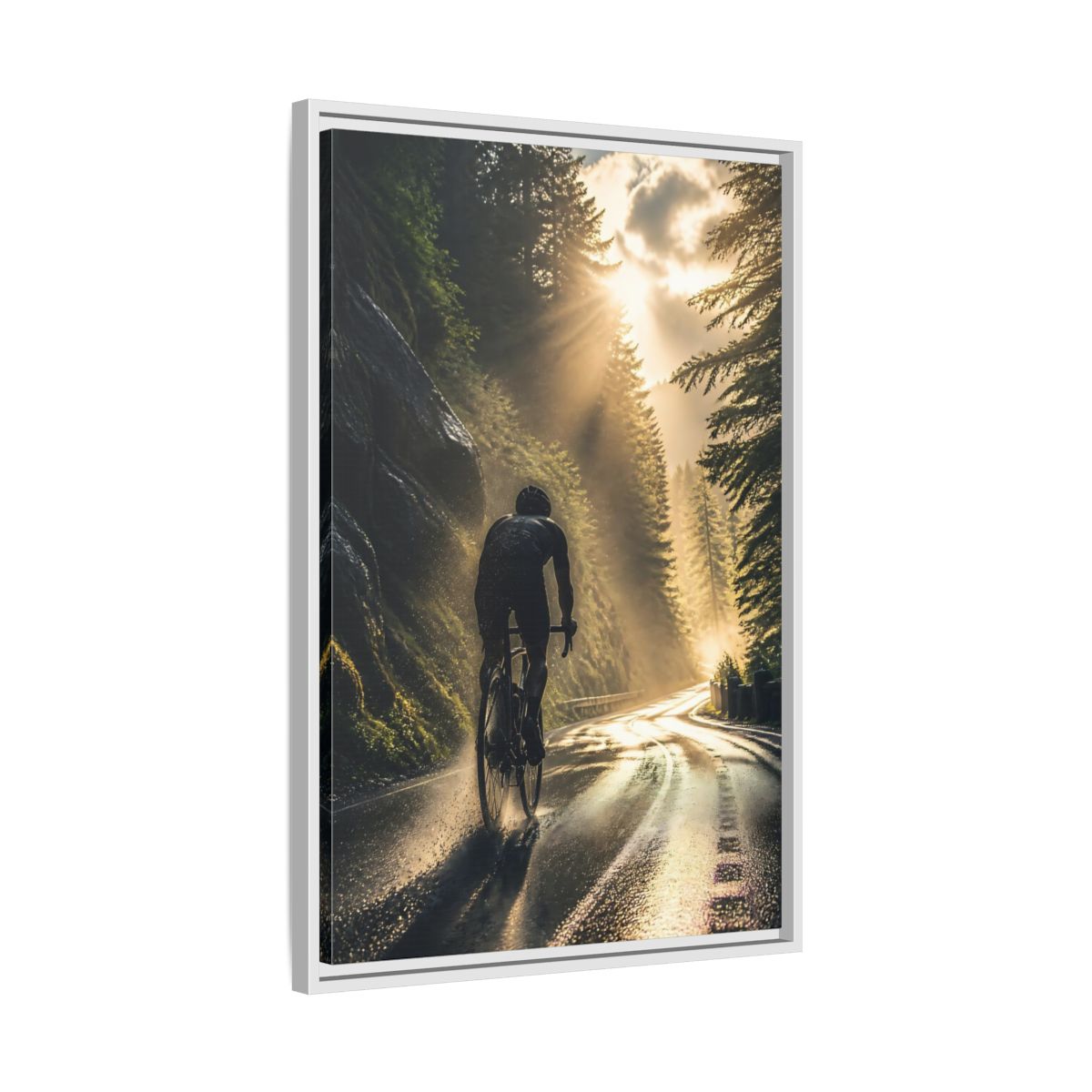 Side Mockup 10. Sports Cyclist Cycling Sunlight shown as framed canvas print