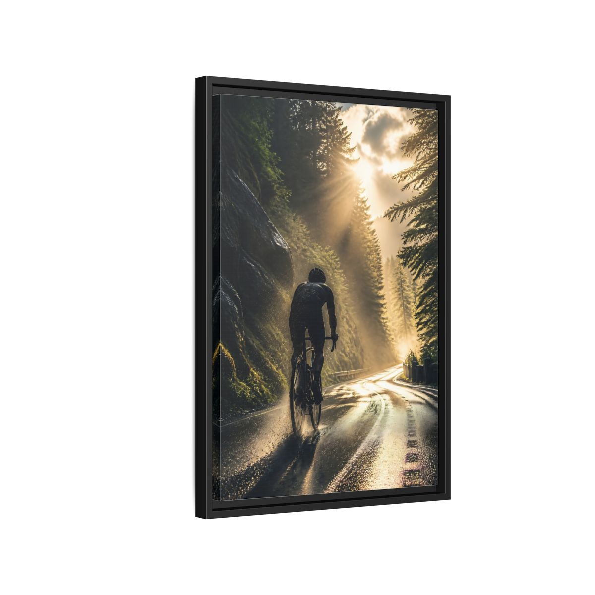 Side Mockup 3. Sports Cyclist Cycling Sunlight shown as framed canvas print