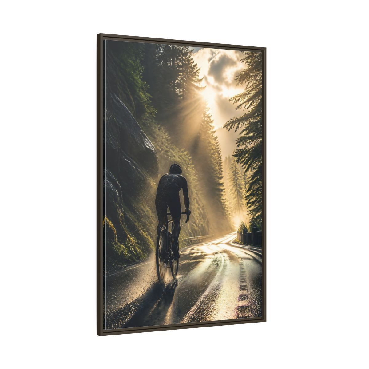 Side Mockup 8. Sports Cyclist Cycling Sunlight shown as framed canvas print