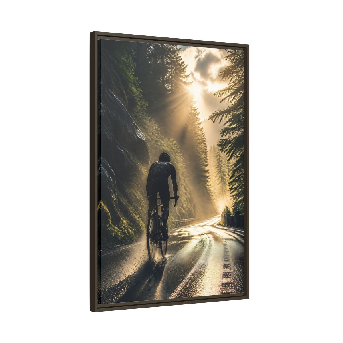 Main Mockup. Sports Cyclist Cycling Sunlight shown as framed canvas print