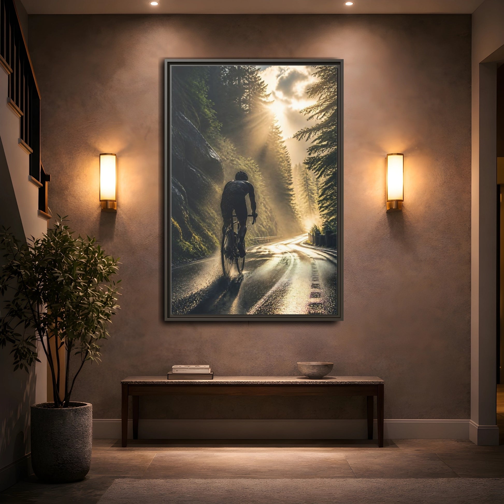 Mockup 2. Sports Cyclist Cycling Sunlight shown as framed canvas print