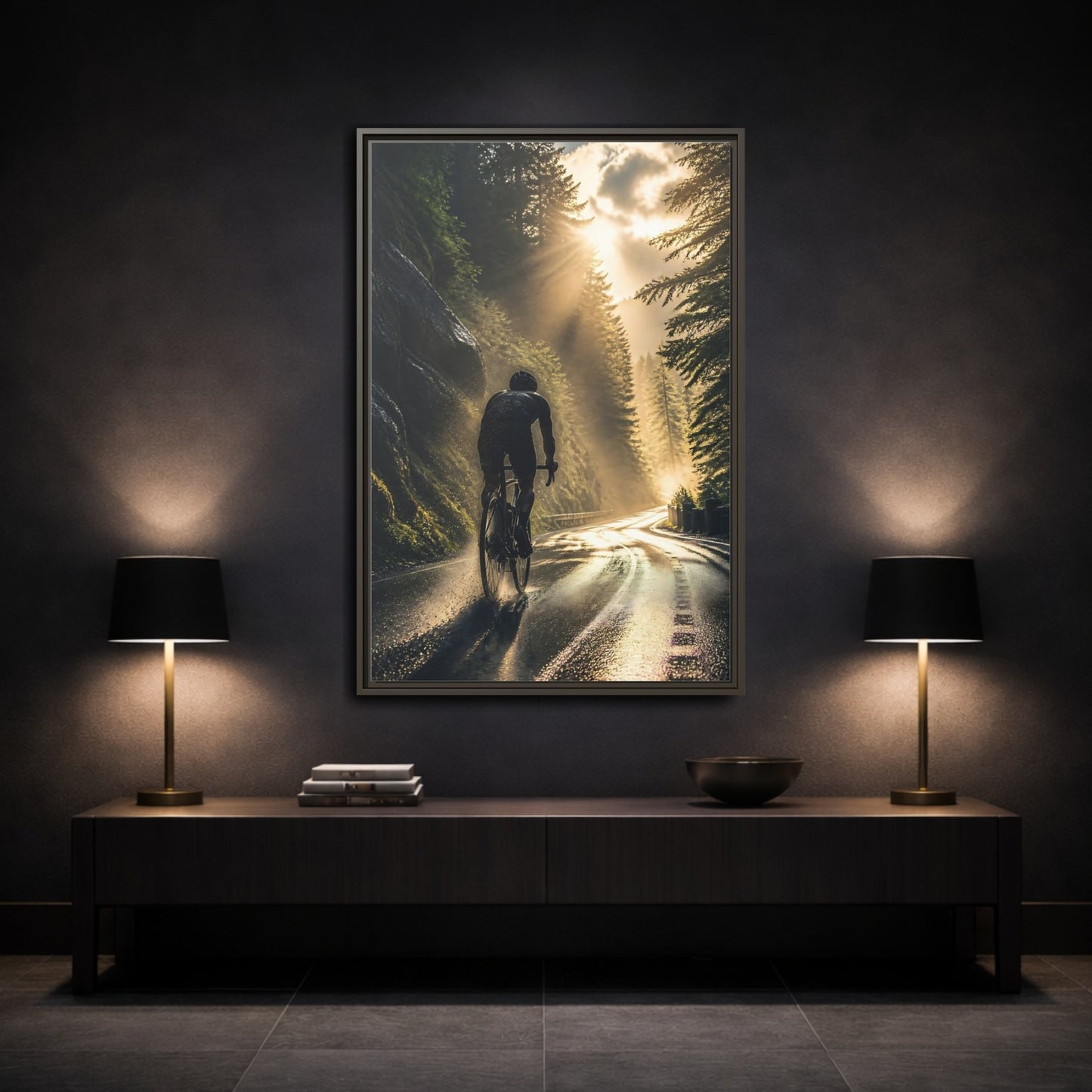 Mockup 3. Sports Cyclist Cycling Sunlight shown as framed canvas print