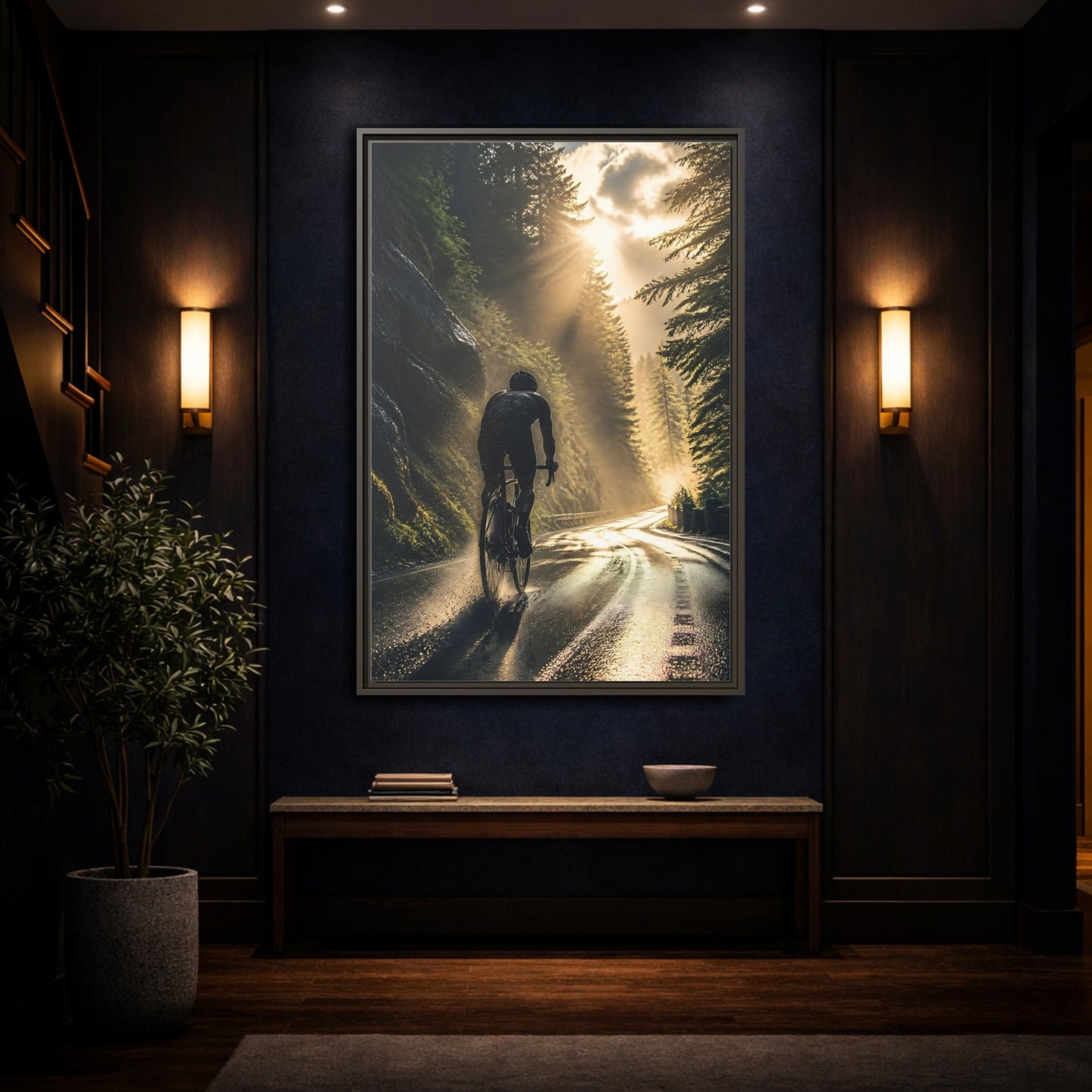 Mockup 4. Sports Cyclist Cycling Sunlight shown as framed canvas print