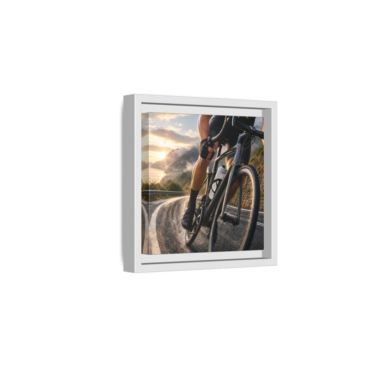 Side Mockup 1. Sports Cyclist Cycling Sunset shown as framed canvas print