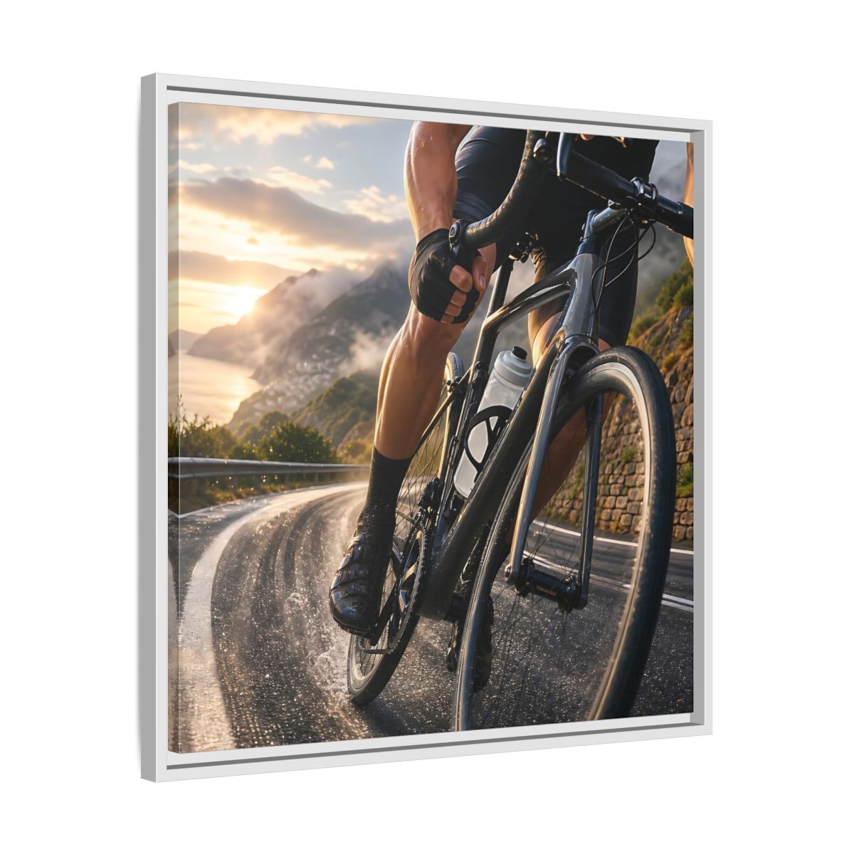 Side Mockup 26. Sports Cyclist Cycling Sunset shown as framed canvas print