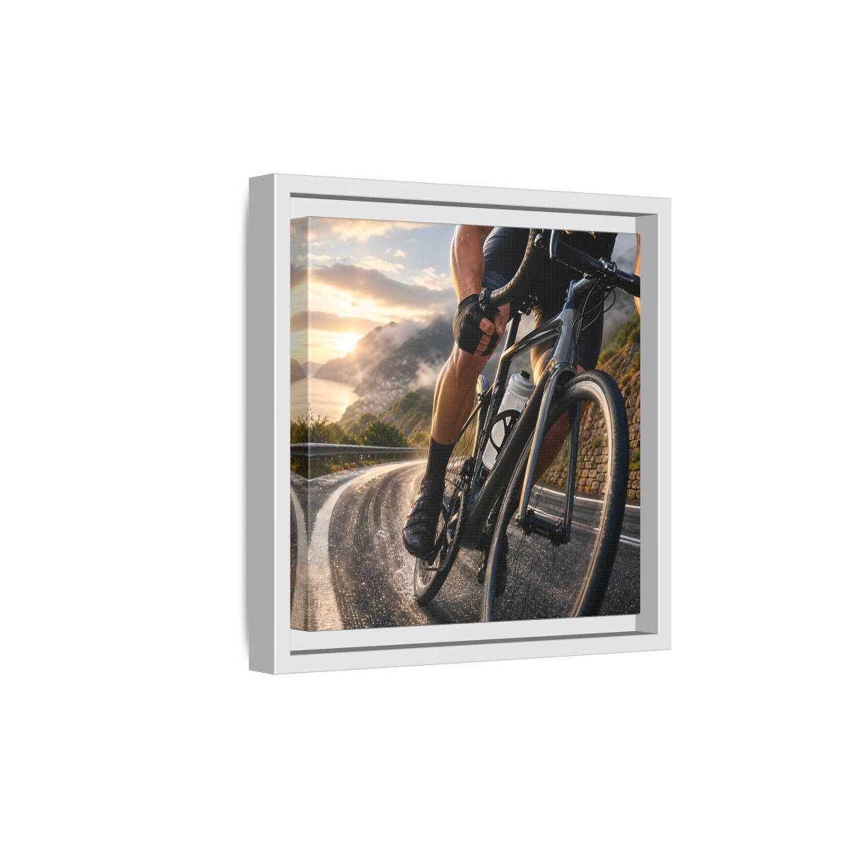 Side Mockup 19. Sports Cyclist Cycling Sunset shown as framed canvas print
