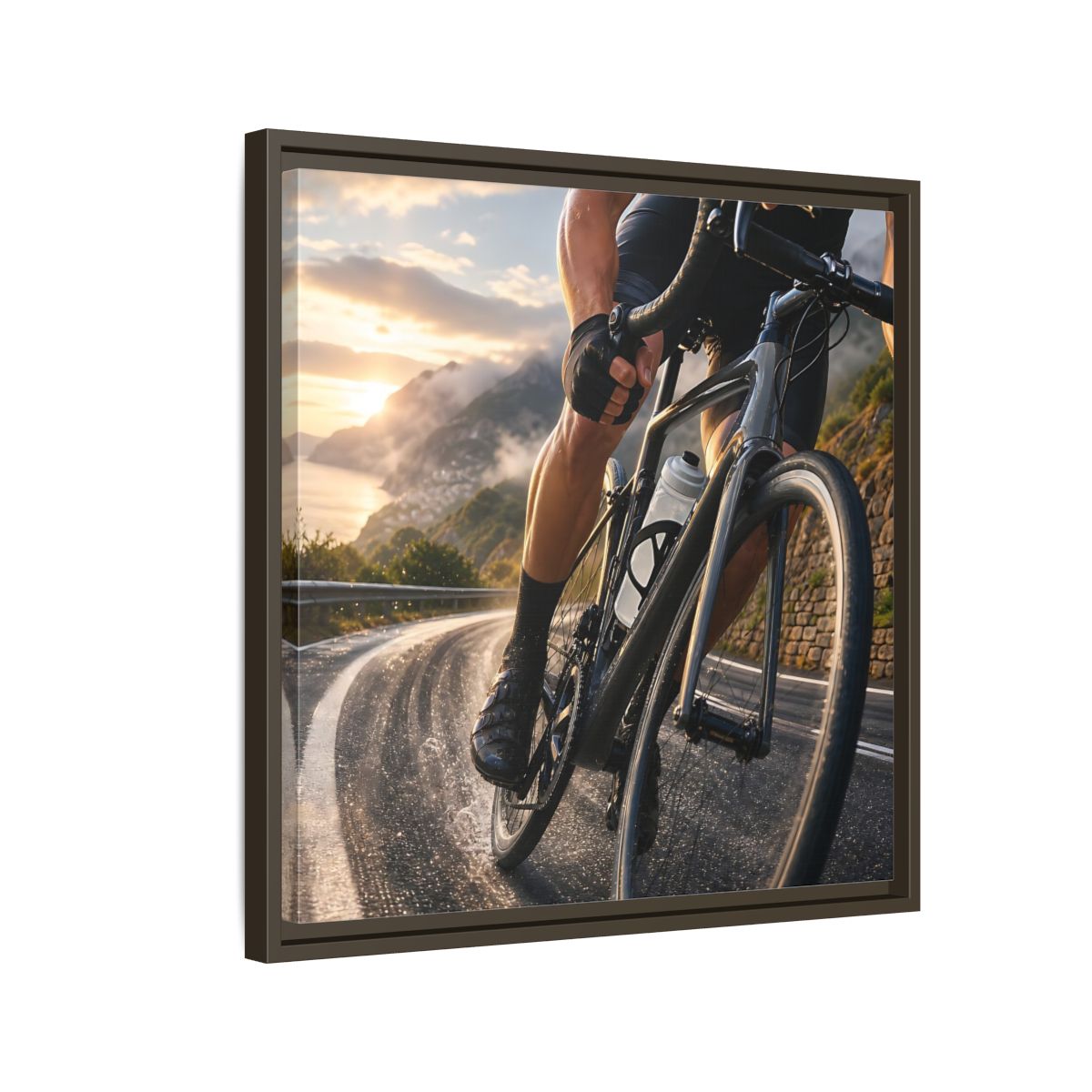 Side Mockup 11. Sports Cyclist Cycling Sunset shown as framed canvas print