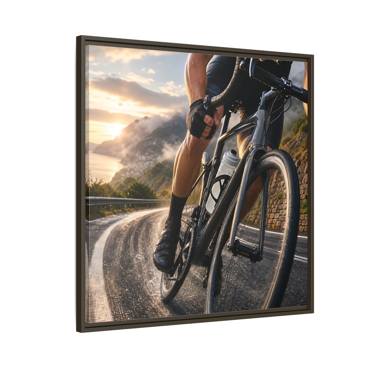Side Mockup 8. Sports Cyclist Cycling Sunset shown as framed canvas print