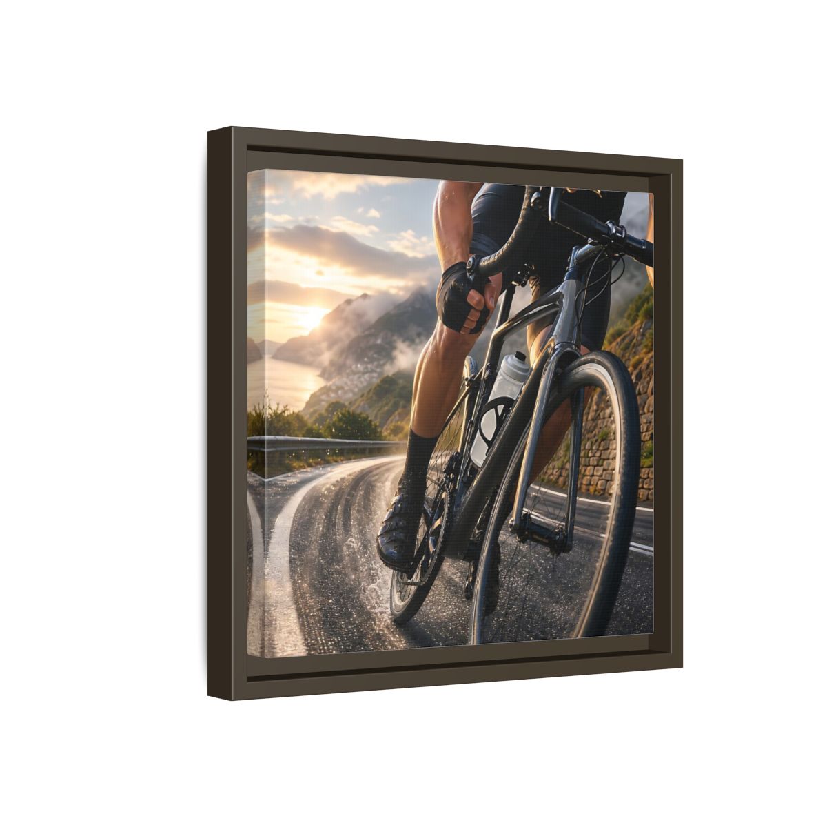 Side Mockup 17. Sports Cyclist Cycling Sunset shown as framed canvas print