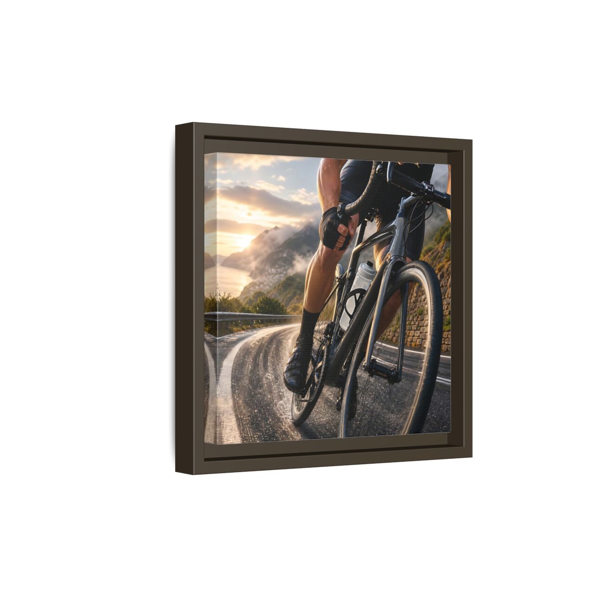 Side Mockup 20. Sports Cyclist Cycling Sunset shown as framed canvas print