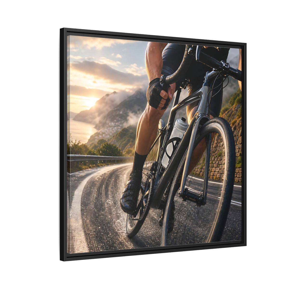 Side Mockup 9. Sports Cyclist Cycling Sunset shown as framed canvas print