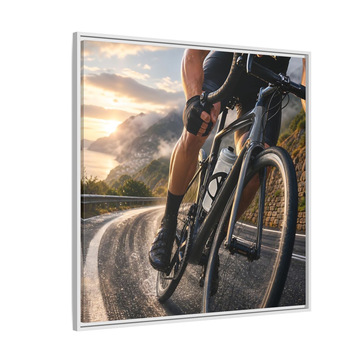 Side Mockup 4. Sports Cyclist Cycling Sunset shown as framed canvas print