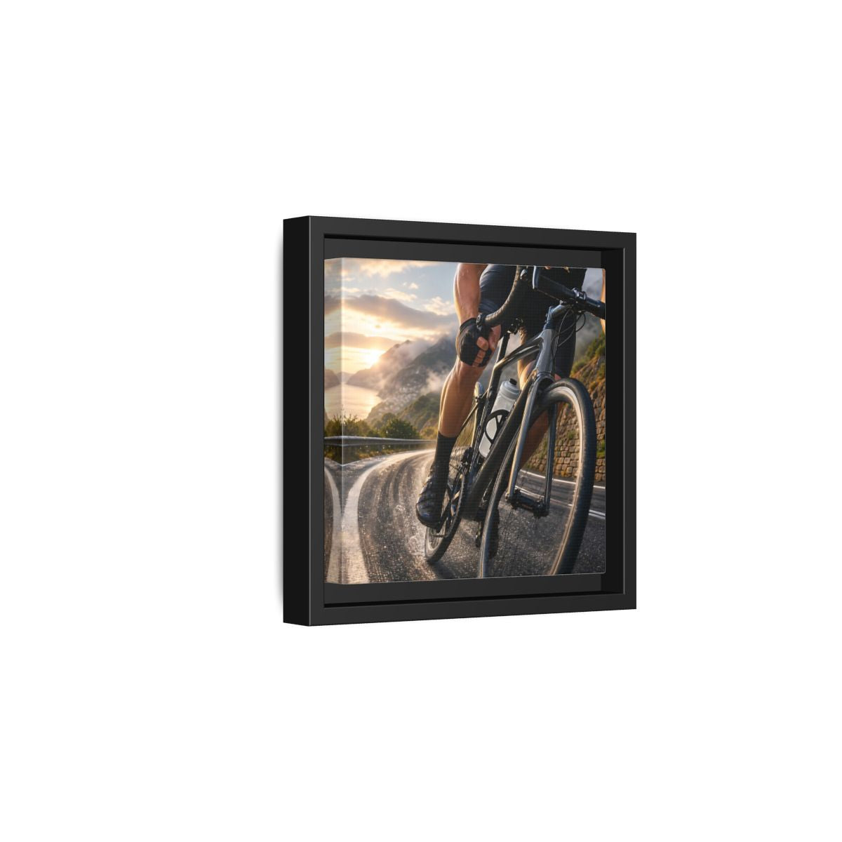 Side Mockup 3. Sports Cyclist Cycling Sunset shown as framed canvas print