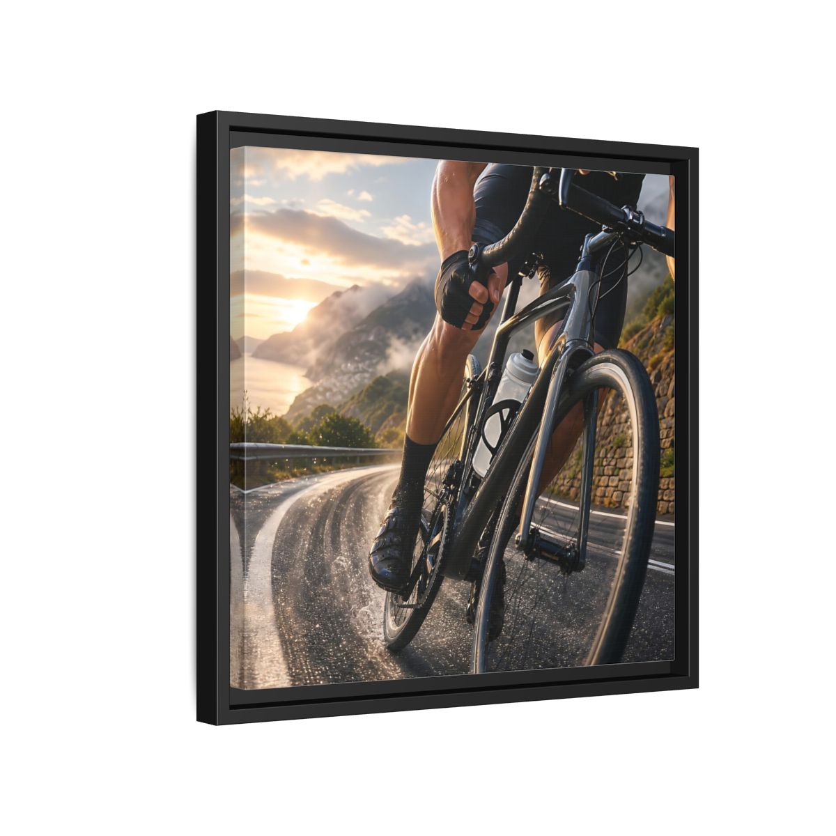 Side Mockup 15. Sports Cyclist Cycling Sunset shown as framed canvas print