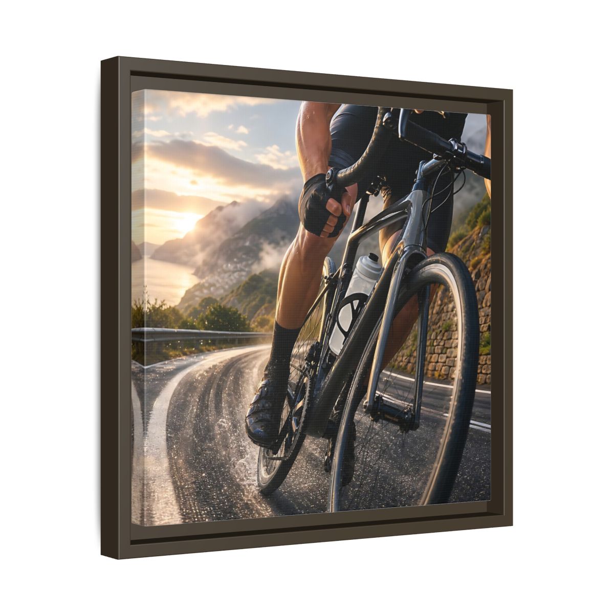 Side Mockup 29. Sports Cyclist Cycling Sunset shown as framed canvas print
