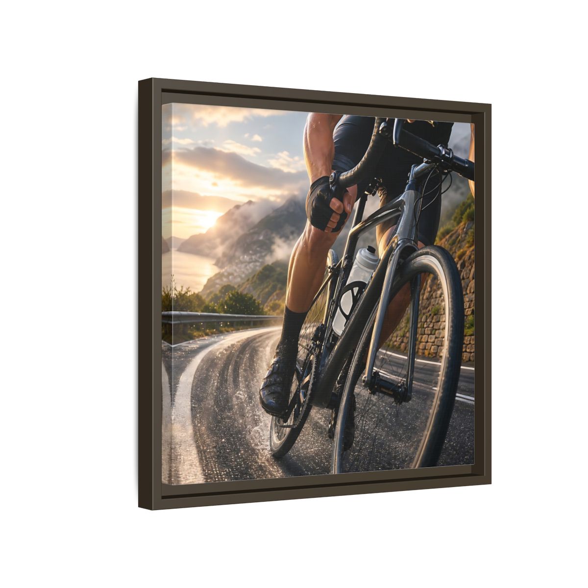 Side Mockup 14. Sports Cyclist Cycling Sunset shown as framed canvas print