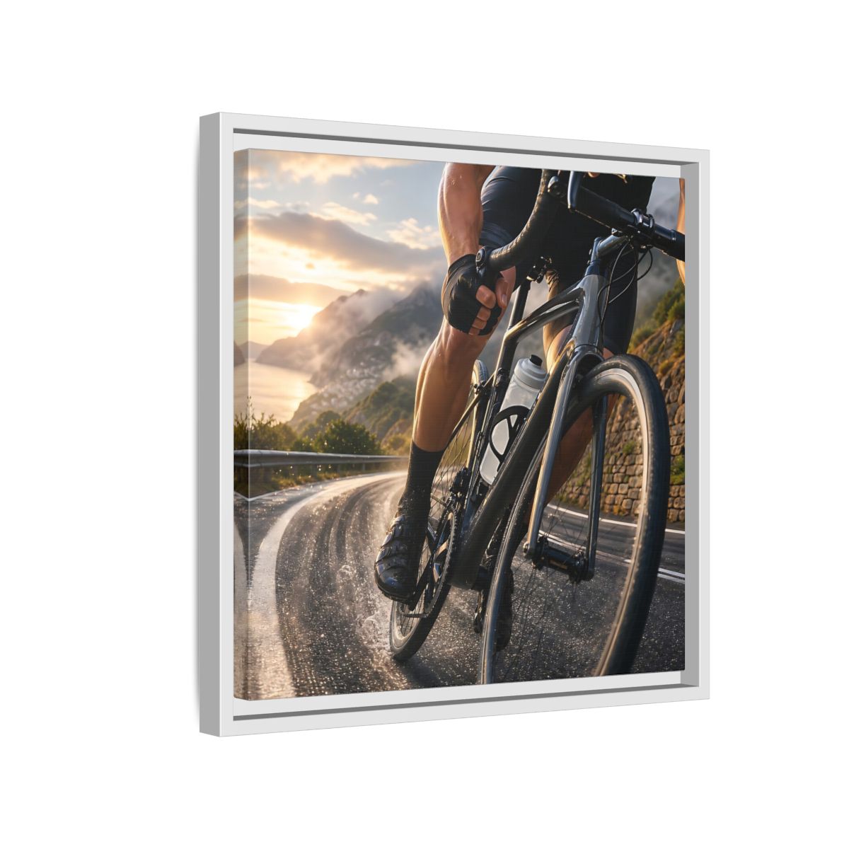 Side Mockup 13. Sports Cyclist Cycling Sunset shown as framed canvas print