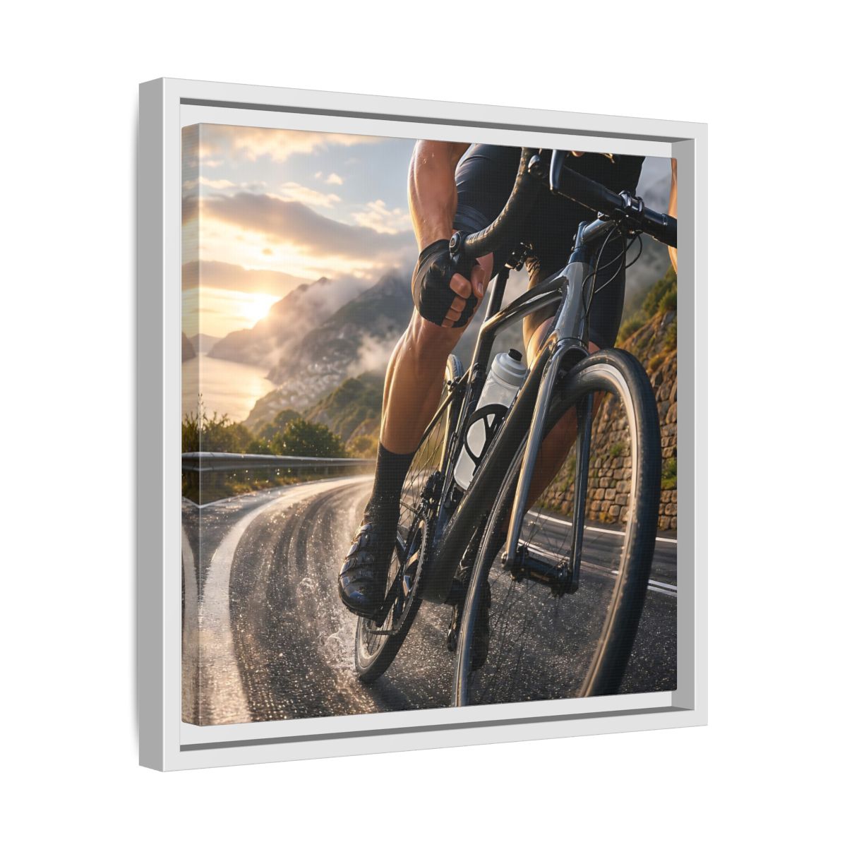 Side Mockup 28. Sports Cyclist Cycling Sunset shown as framed canvas print