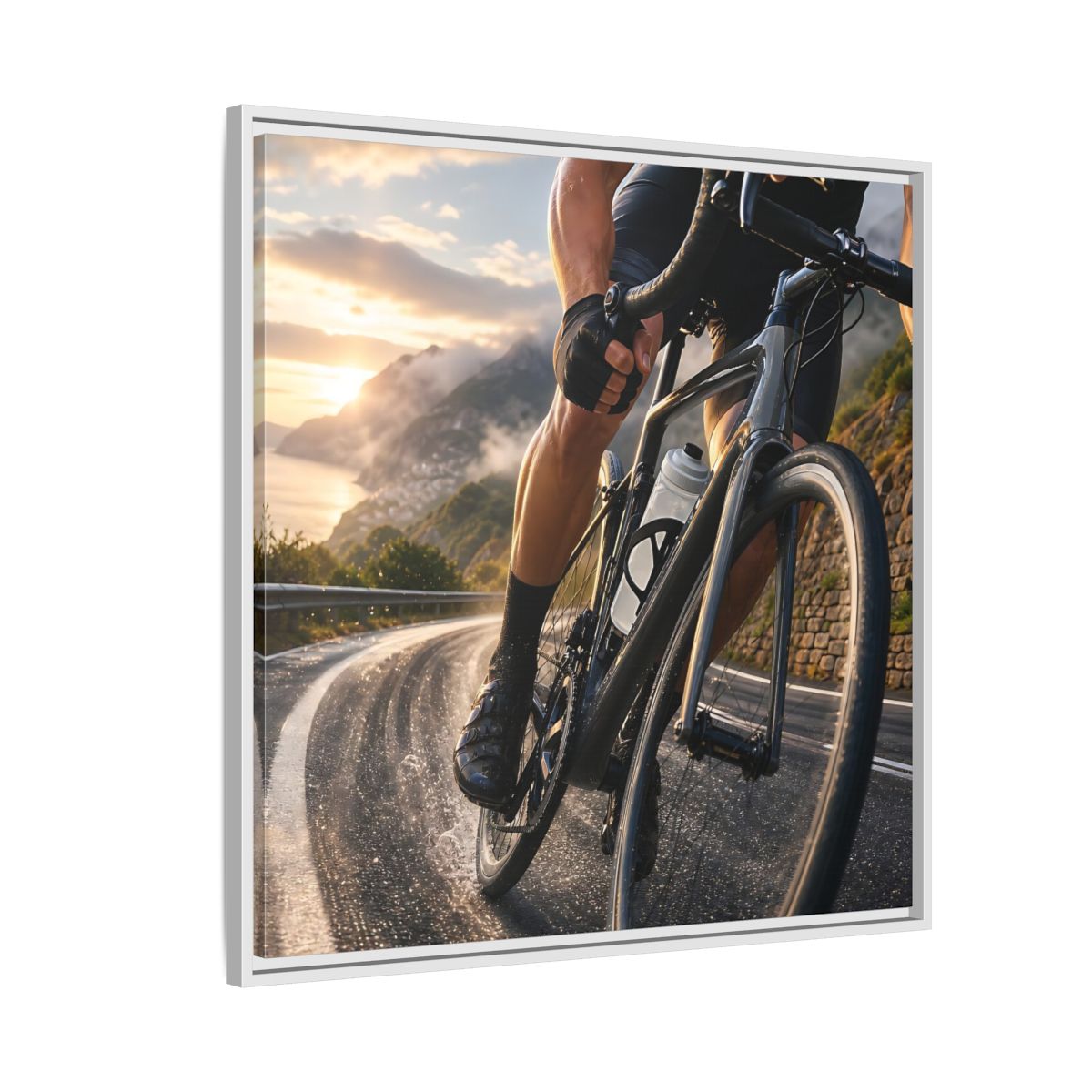 Side Mockup 7. Sports Cyclist Cycling Sunset shown as framed canvas print