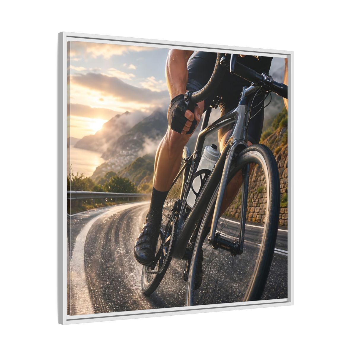Side Mockup 25. Sports Cyclist Cycling Sunset shown as framed canvas print