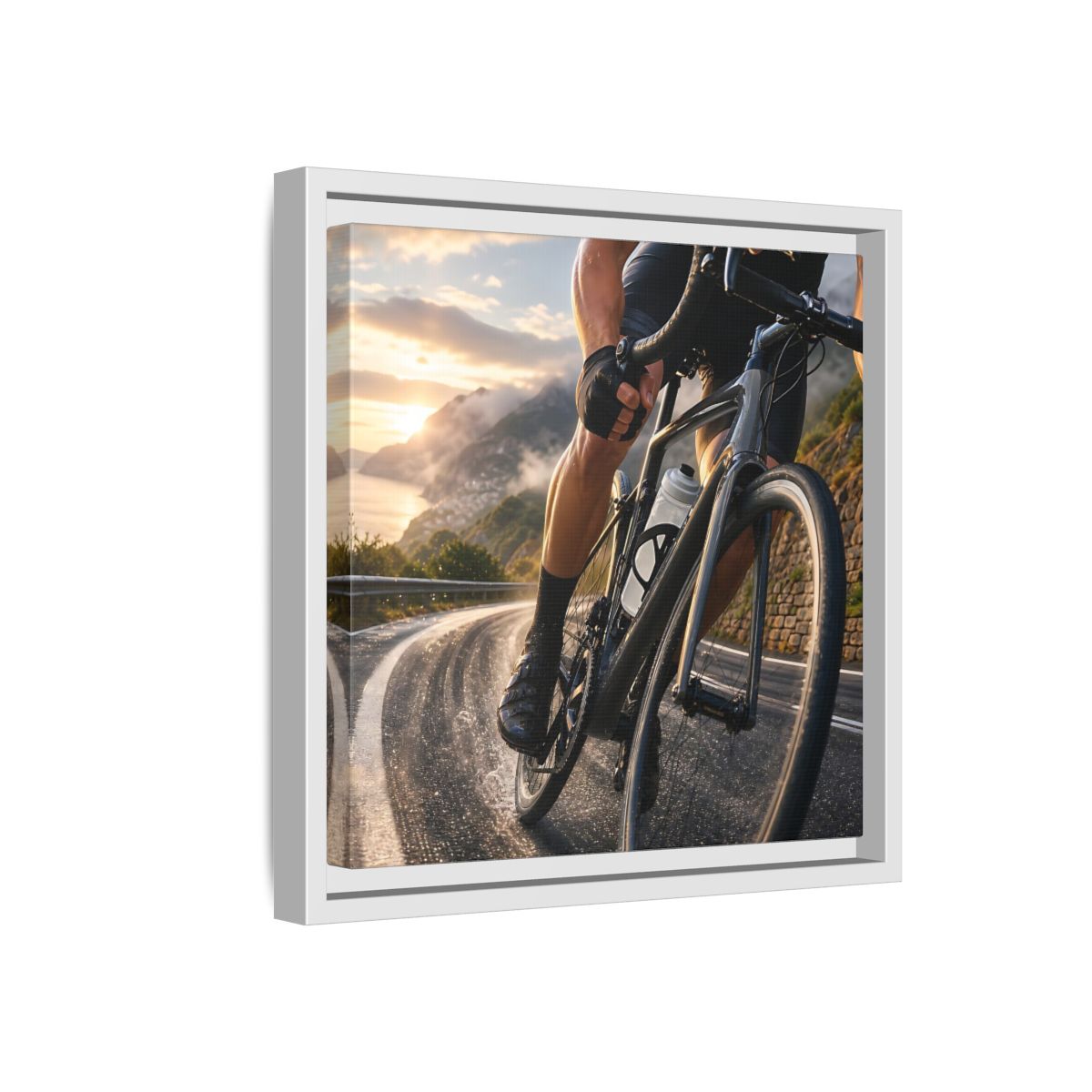 Side Mockup 16. Sports Cyclist Cycling Sunset shown as framed canvas print