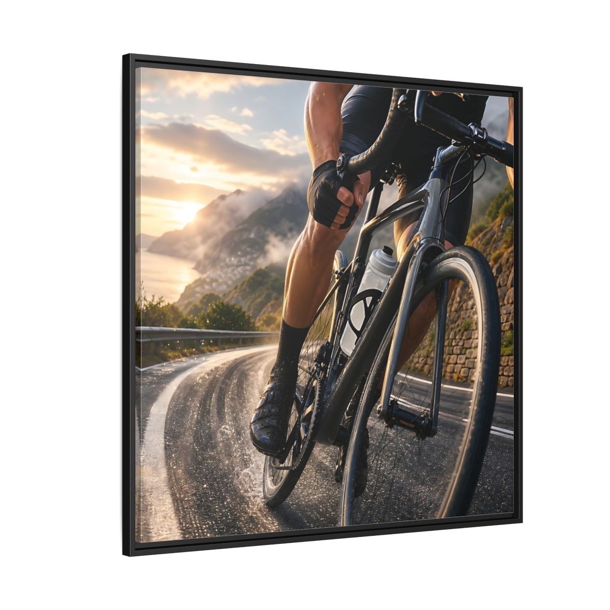 Side Mockup 6. Sports Cyclist Cycling Sunset shown as framed canvas print