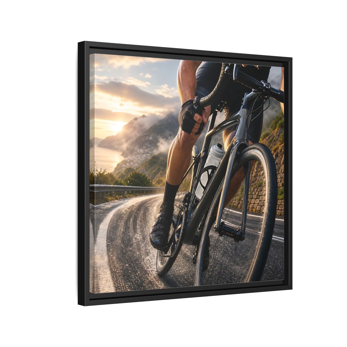 Side Mockup 12. Sports Cyclist Cycling Sunset shown as framed canvas print