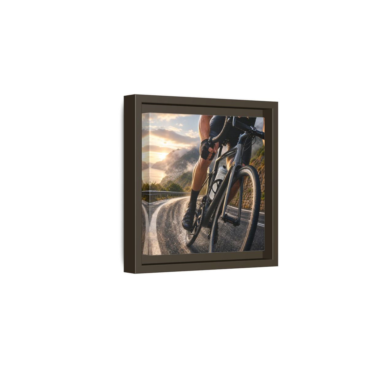 Side Mockup 2. Sports Cyclist Cycling Sunset shown as framed canvas print