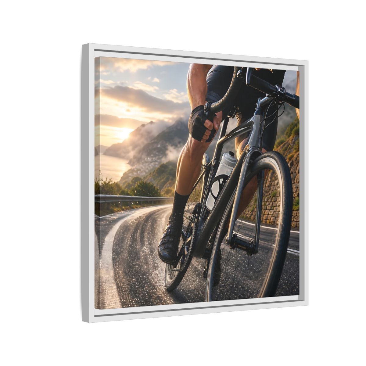 Side Mockup 10. Sports Cyclist Cycling Sunset shown as framed canvas print