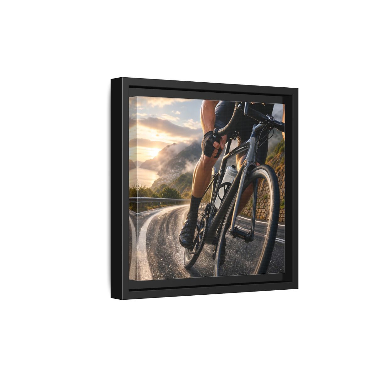 Side Mockup 21. Sports Cyclist Cycling Sunset shown as framed canvas print