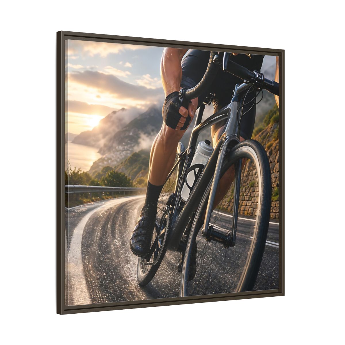 Main Mockup. Sports Cyclist Cycling Sunset shown as framed canvas print