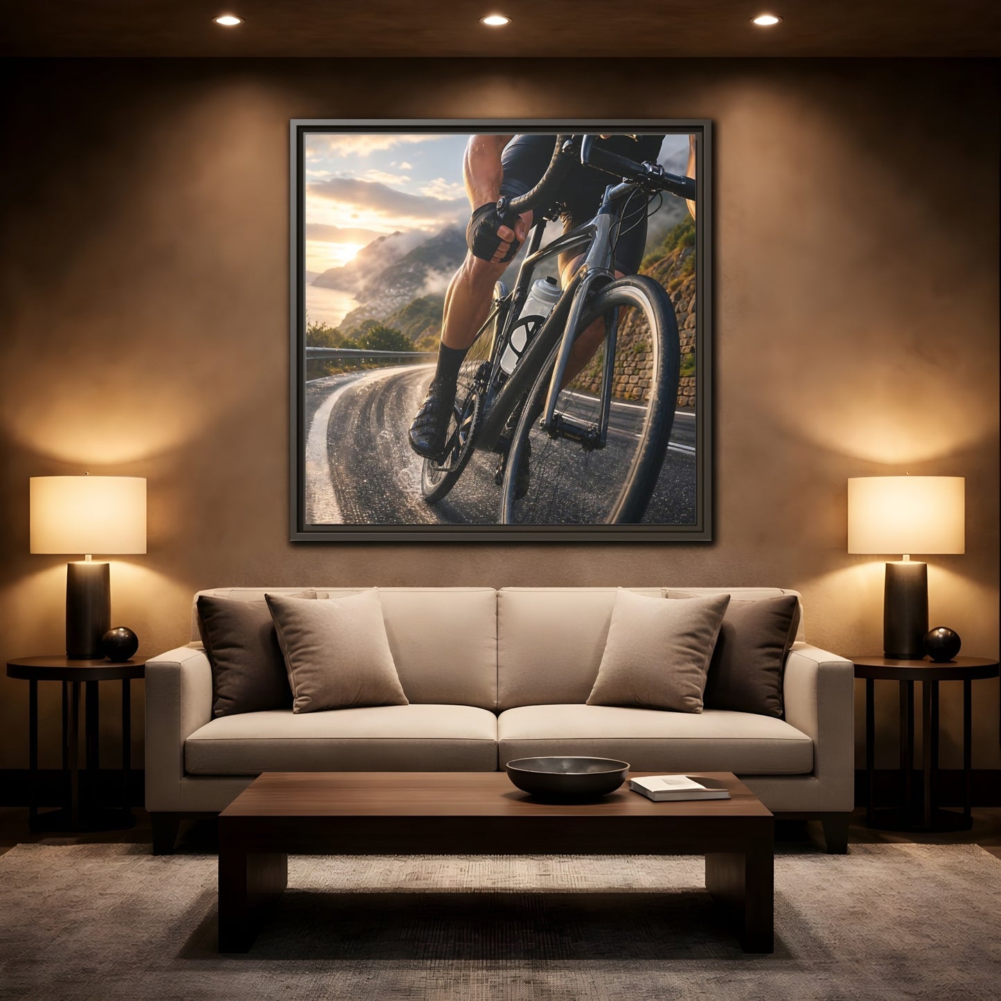 Mockup 2. Sports Cyclist Cycling Sunset shown as framed canvas print