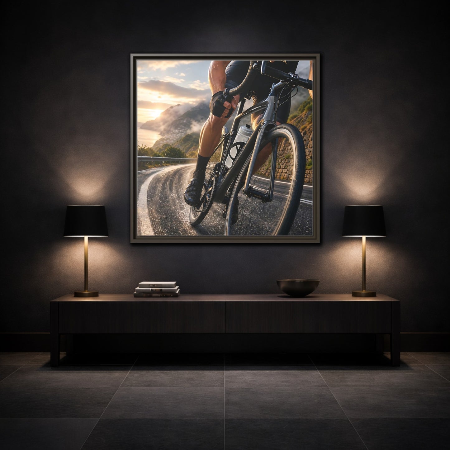 Mockup 3. Sports Cyclist Cycling Sunset shown as framed canvas print