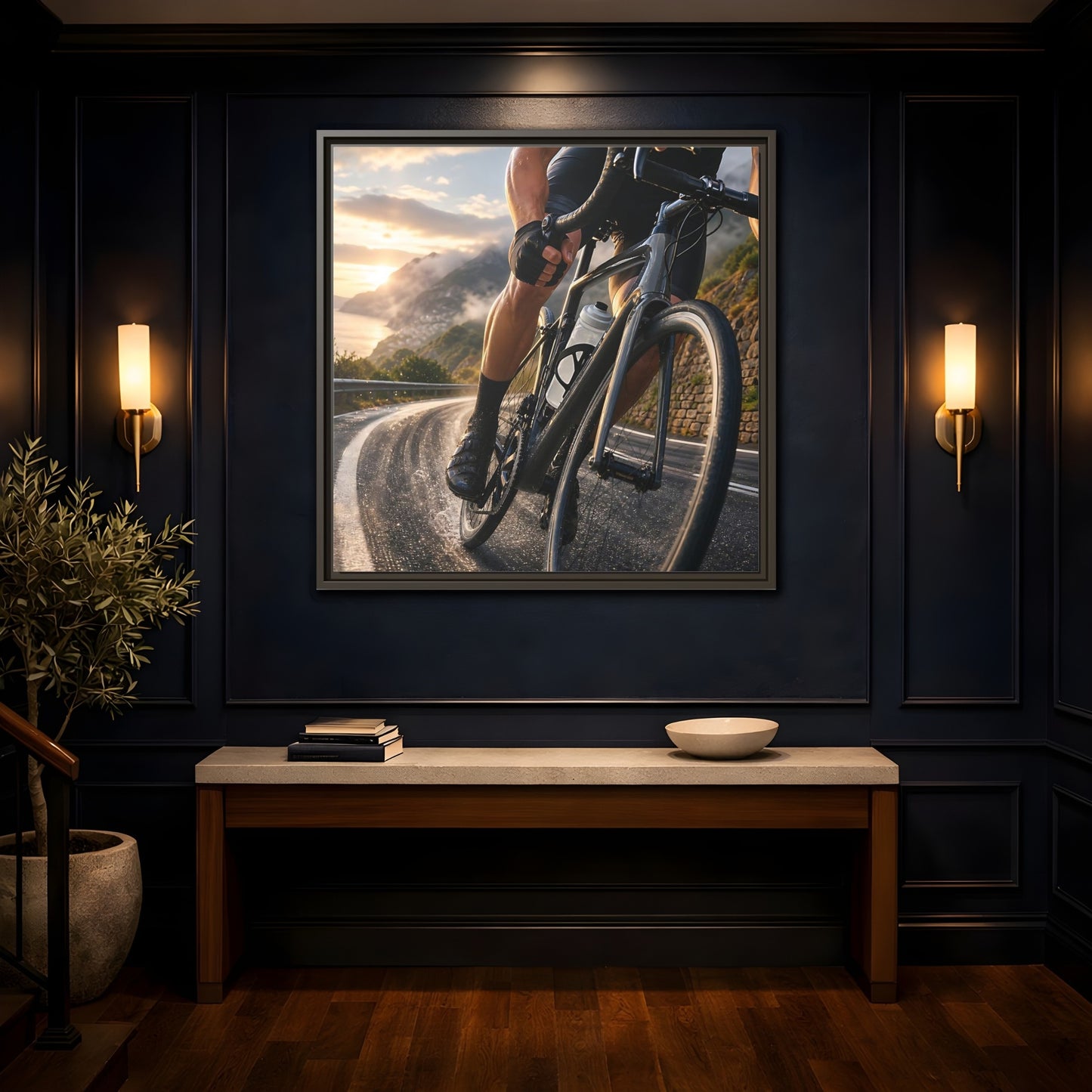 Mockup 4. Sports Cyclist Cycling Sunset shown as framed canvas print