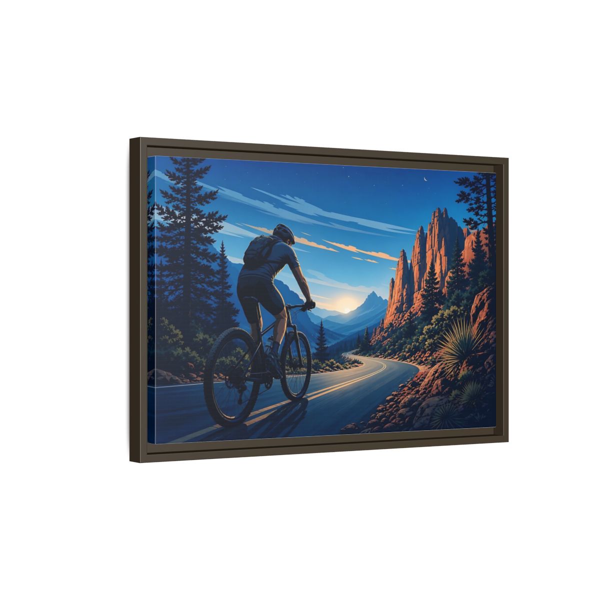 Side Mockup 2. Sports Cyclist Mountain Biker Journey shown as framed canvas print