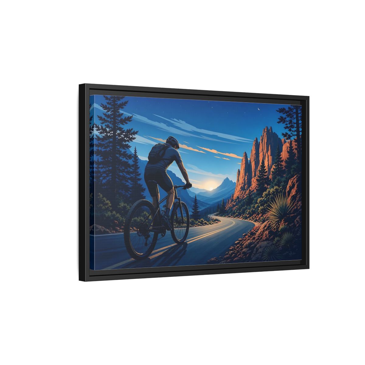 Side Mockup 3. Sports Cyclist Mountain Biker Journey shown as framed canvas print