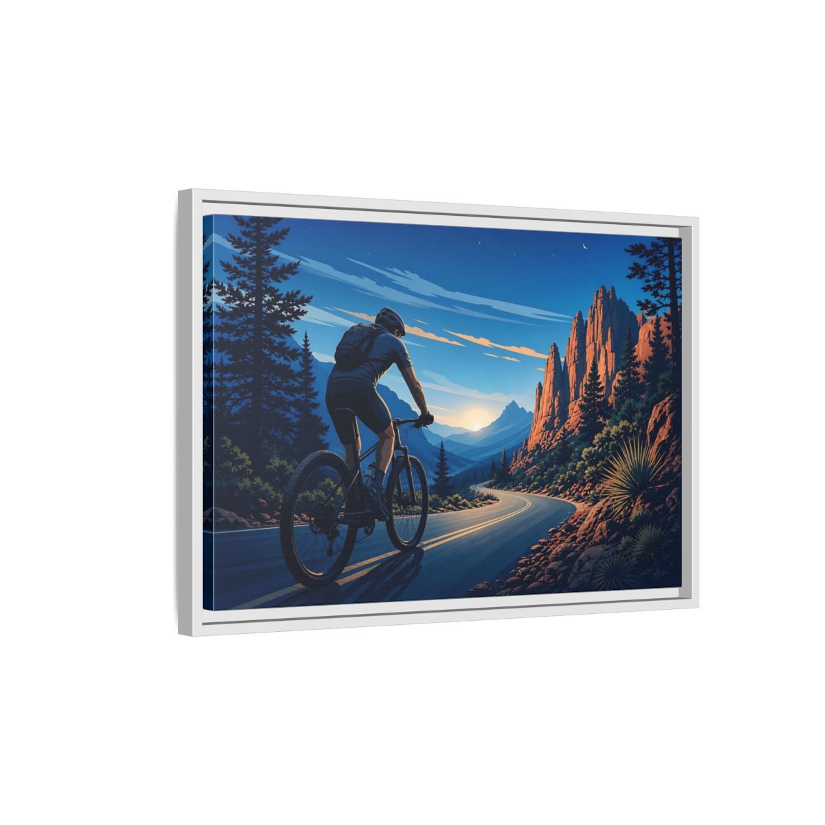 Side Mockup 1. Sports Cyclist Mountain Biker Journey shown as framed canvas print