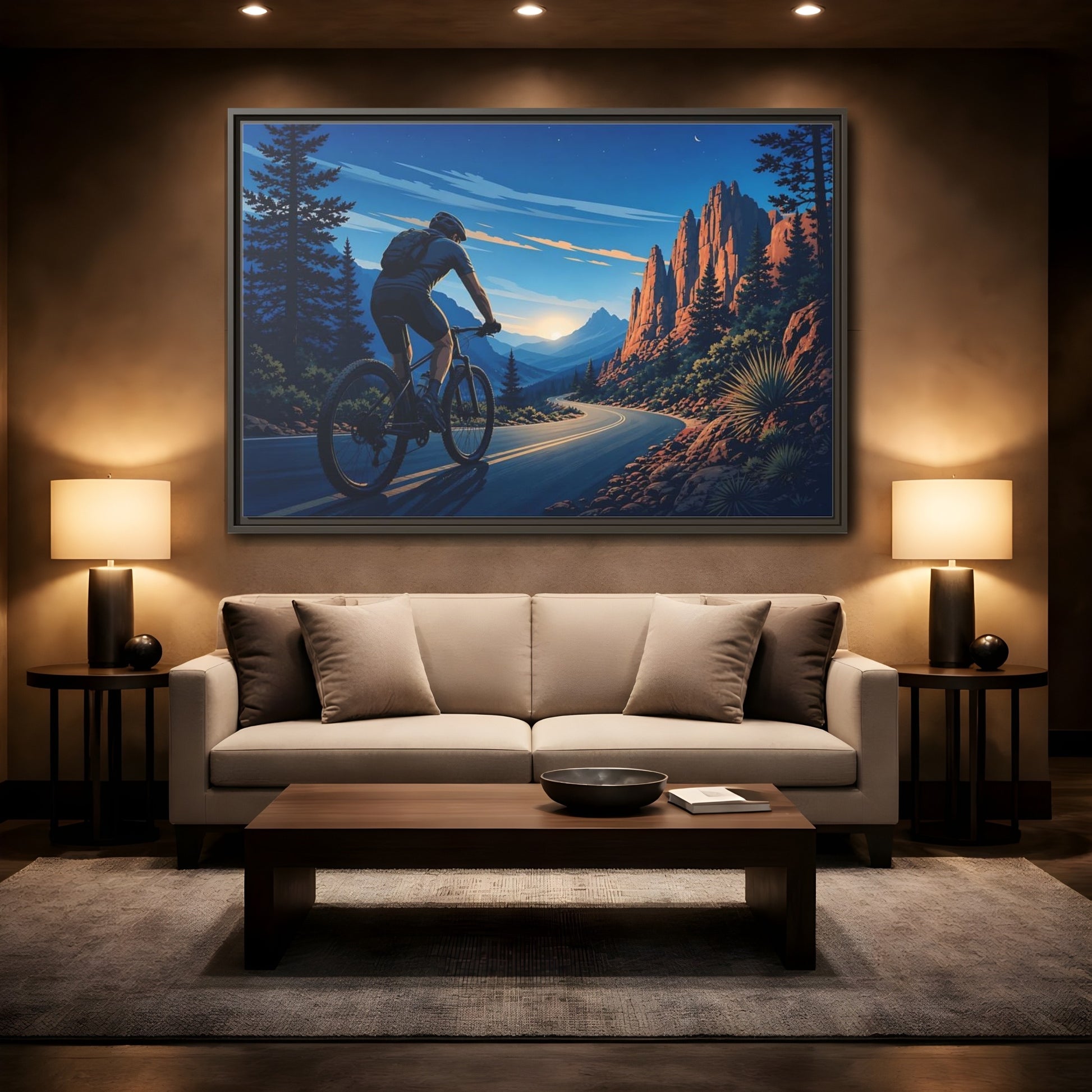 Mockup 2. Sports Cyclist Mountain Biker Journey shown as framed canvas print