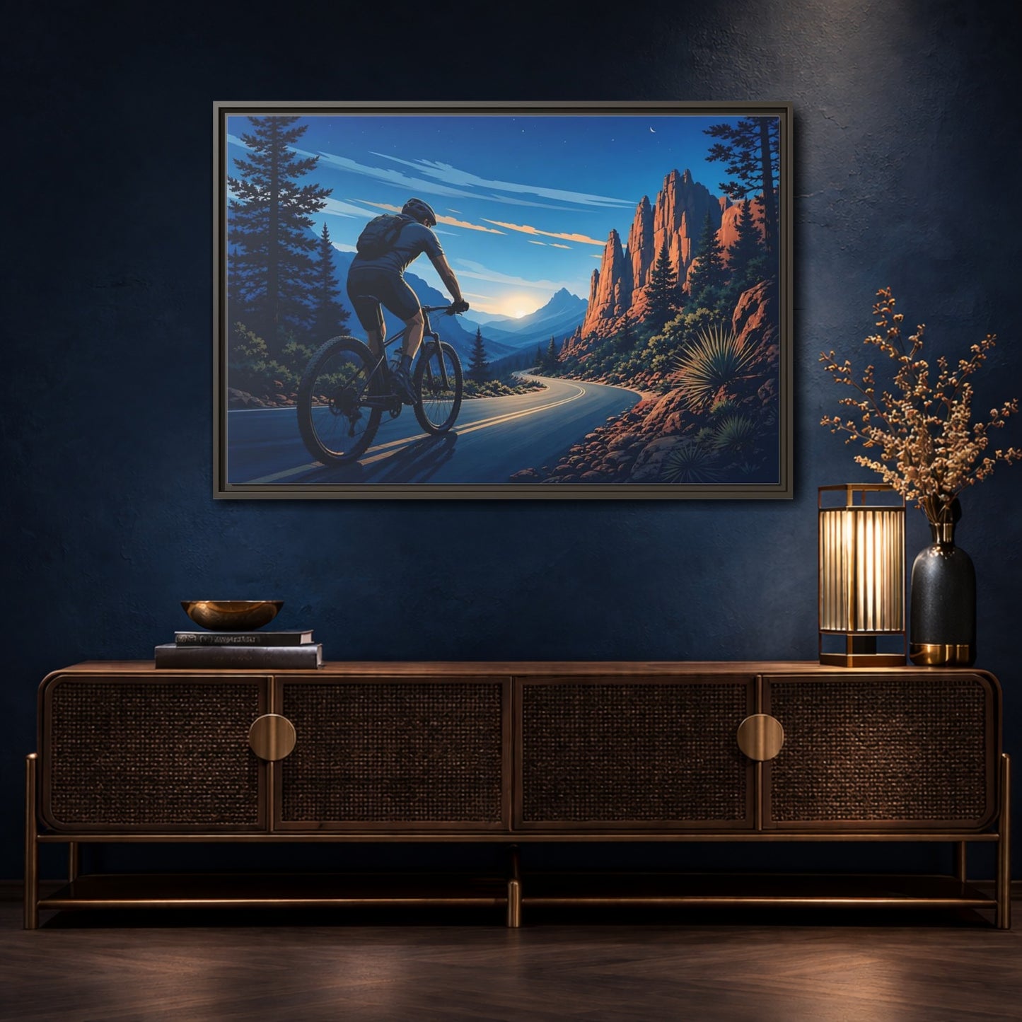Mockup 4. Sports Cyclist Mountain Biker Journey shown as framed canvas print
