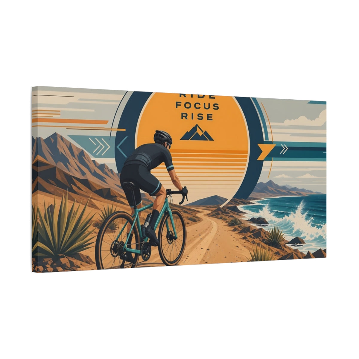 Side Mockup 1. Sports Cyclist Orange And Blue Cycling shown as canvas print