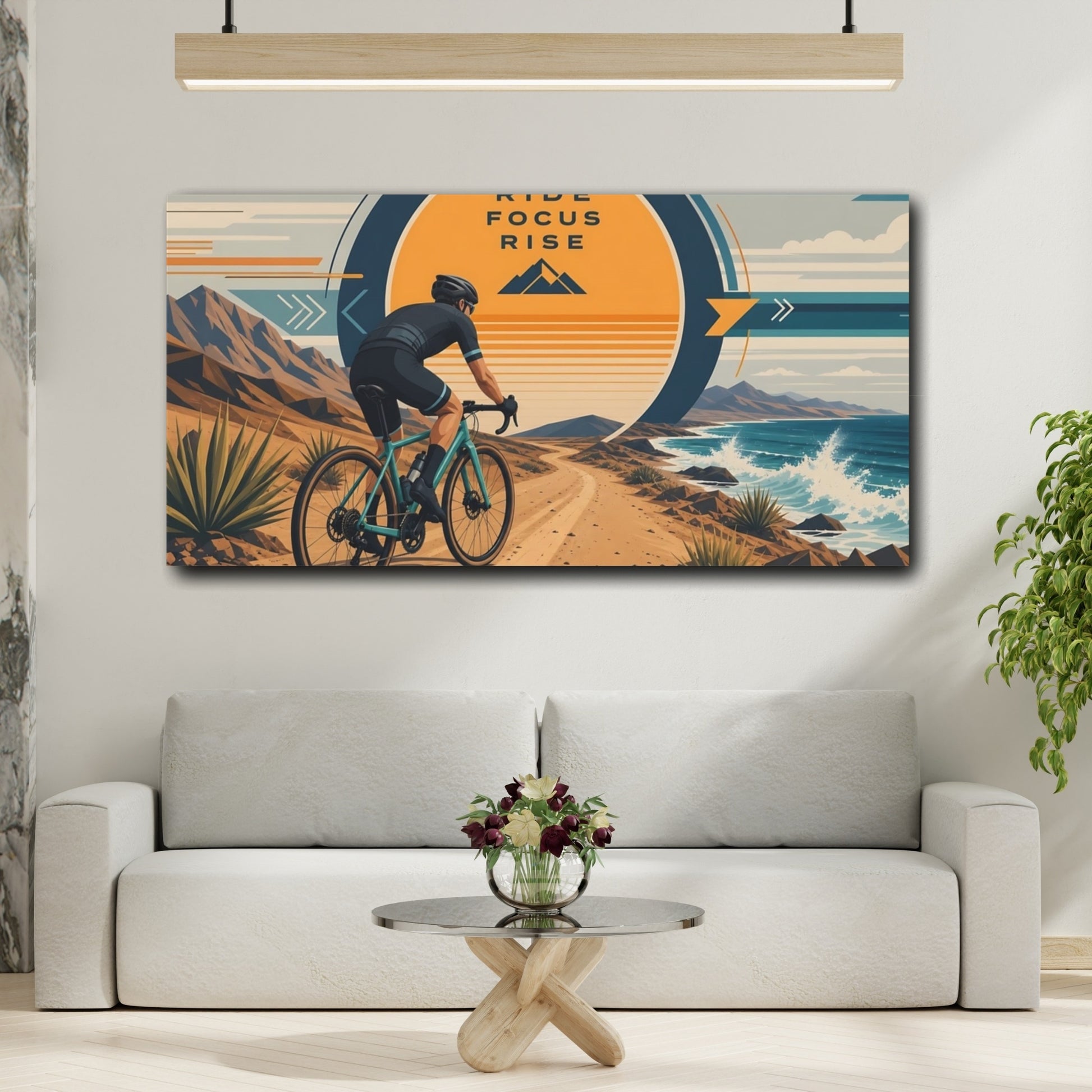 Mockup 2. Sports Cyclist Orange And Blue Cycling shown as canvas print
