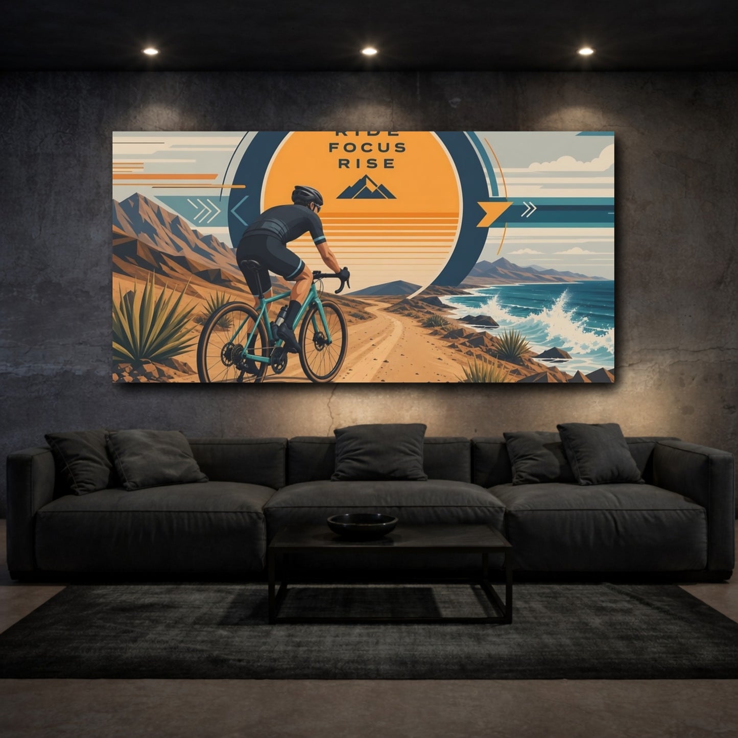 Mockup 4. Sports Cyclist Orange And Blue Cycling shown as canvas print