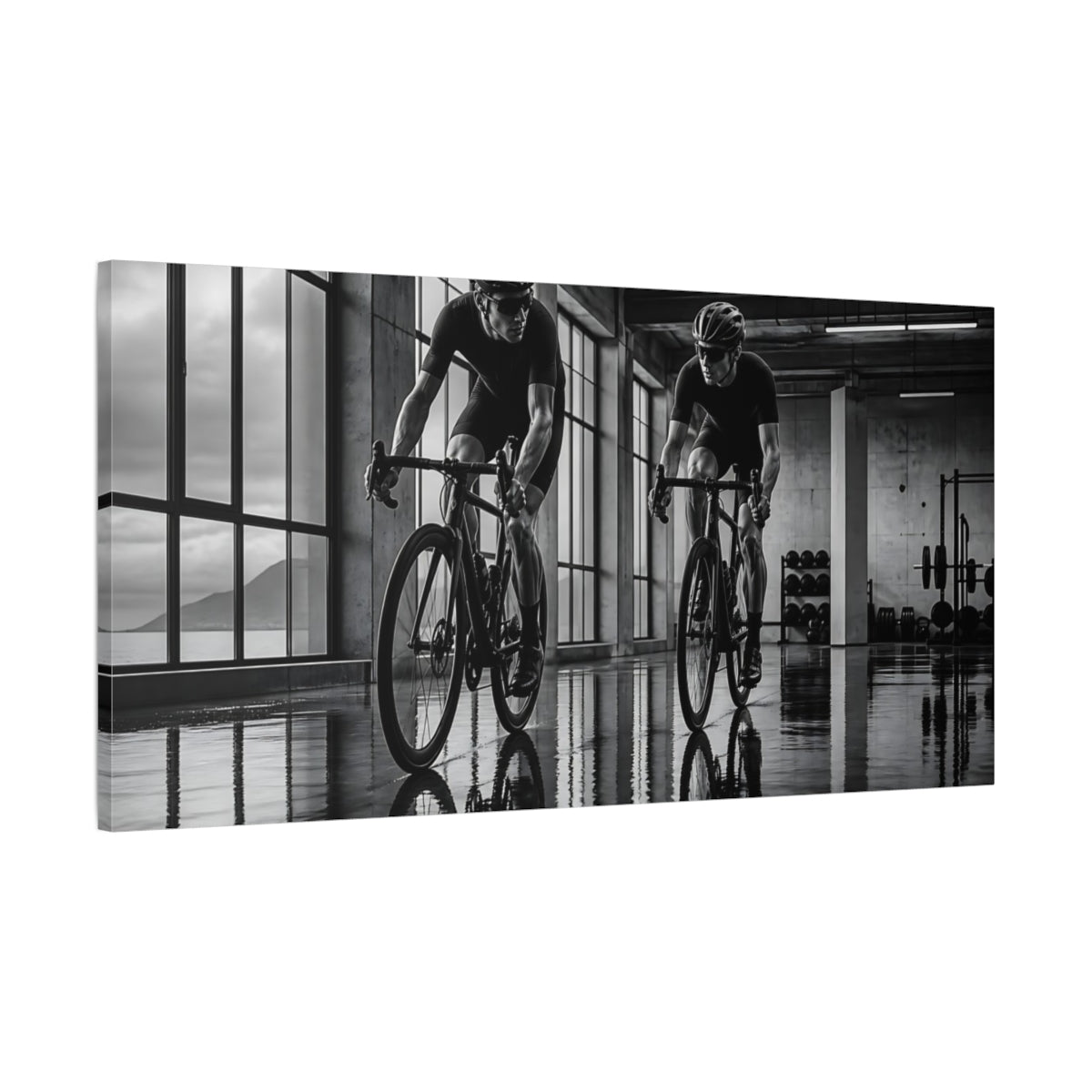 Main Mockup. Sports Cyclists Black And White Cycling shown as canvas print