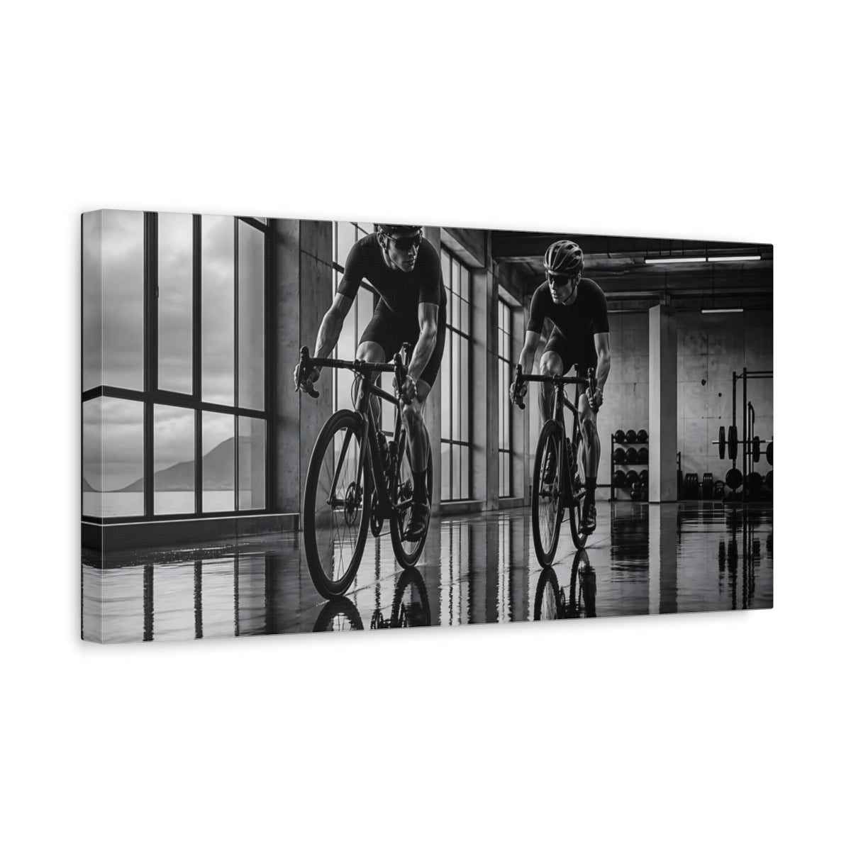 Side Mockup 3. Sports Cyclists Black And White Cycling shown as canvas print