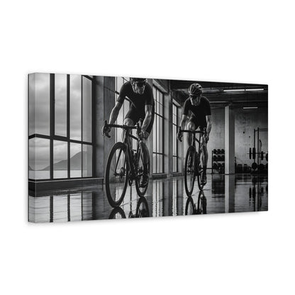 Side Mockup 3. Sports Cyclists Black And White Cycling shown as canvas print