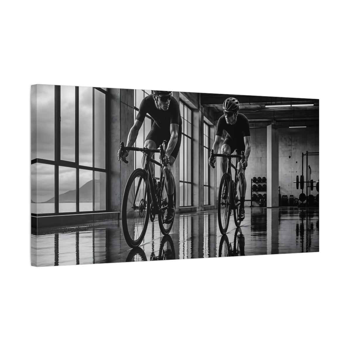 Side Mockup 1. Sports Cyclists Black And White Cycling shown as canvas print