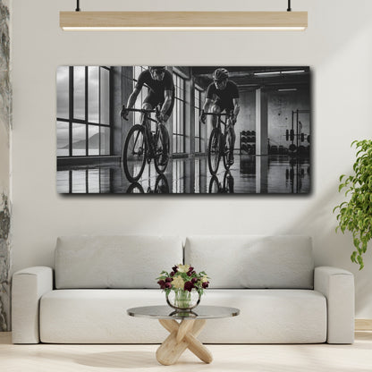 Mockup 2. Sports Cyclists Black And White Cycling shown as canvas print