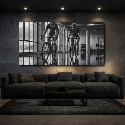 Mockup 3. Sports Cyclists Black And White Cycling shown as canvas print